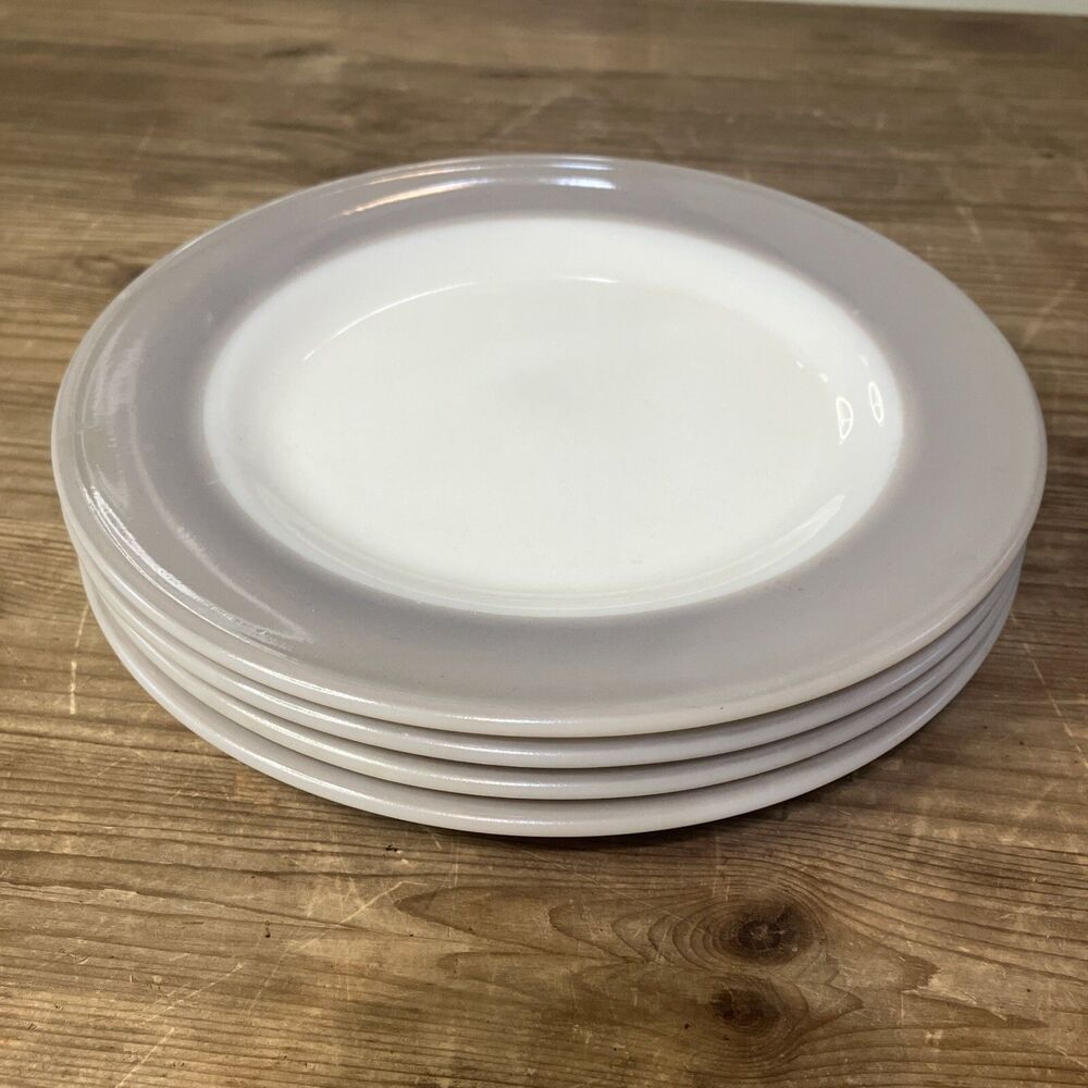 MID CENTURY PYREX MILK GLASS DOVE GRAY BAND DESSERT SALAD PLATES 8.25” SET OF 4